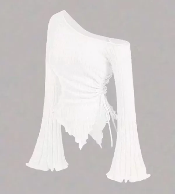 White_Cotton_Blend_Party_Solid_Self_Design_Top_For_Women