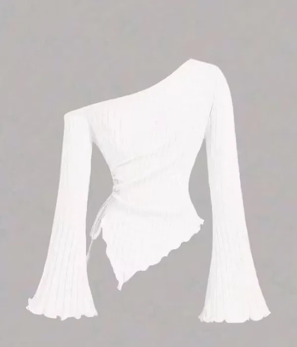 White_Cotton_Blend_Party_Solid_Self_Design_Top_For_Women