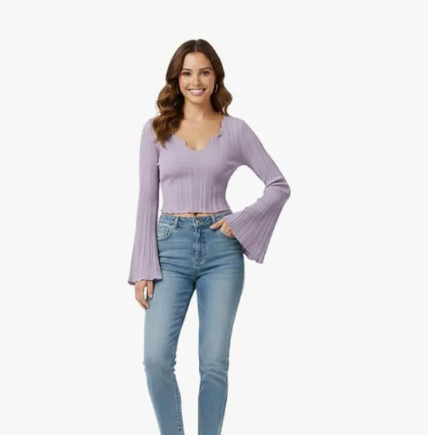 Violet_Polyester_V_Neck_Notched_Ribbed_Crop_Top_Sretchable_Polyester_Long_Flared_Sleeve_Blouse_Trendy_Slim_Fit_Casual_Top_For_Women