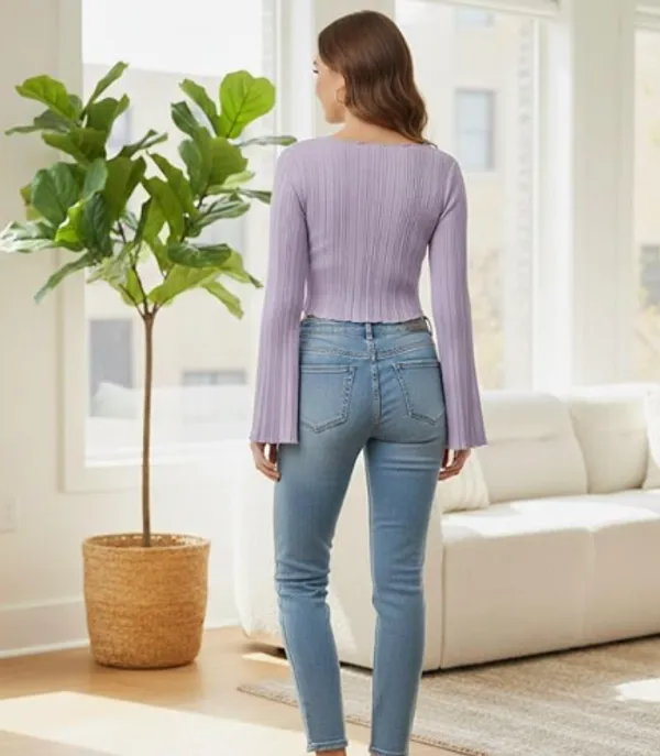 Violet_Polyester_V_Neck_Notched_Ribbed_Crop_Top_Sretchable_Polyester_Long_Flared_Sleeve_Blouse_Trendy_Slim_Fit_Casual_Top_For_Women