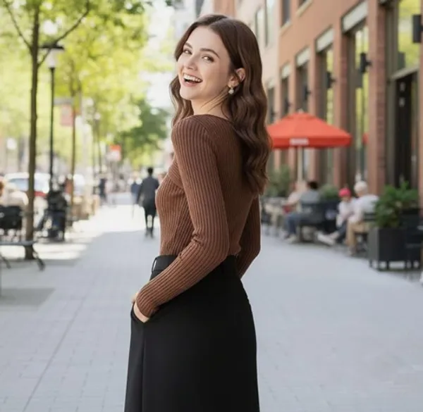 Brown_Lycra_Cut_Out_Plain_Full_Sleeve_Top_Stretchable_Slim_Fit_Bodycon_Western_Casual_Top_For_Women