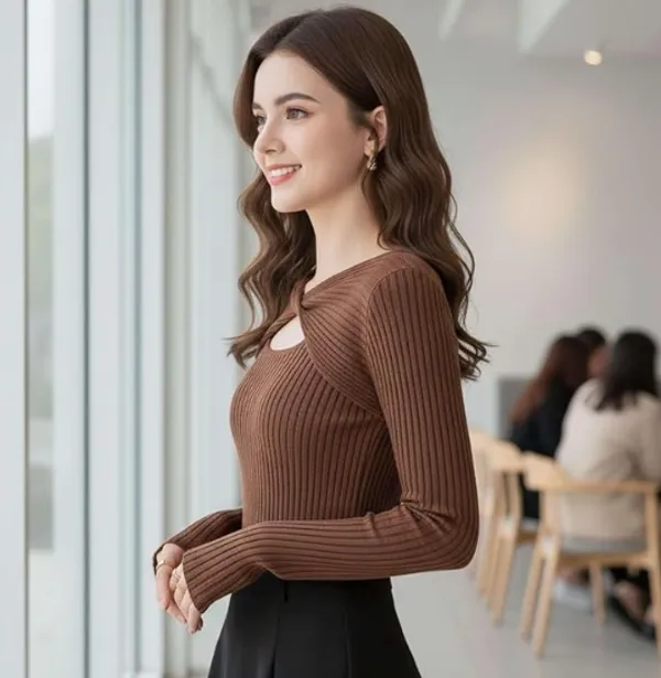 Brown_Lycra_Cut_Out_Plain_Full_Sleeve_Top_Stretchable_Slim_Fit_Bodycon_Western_Casual_Top_For_Women