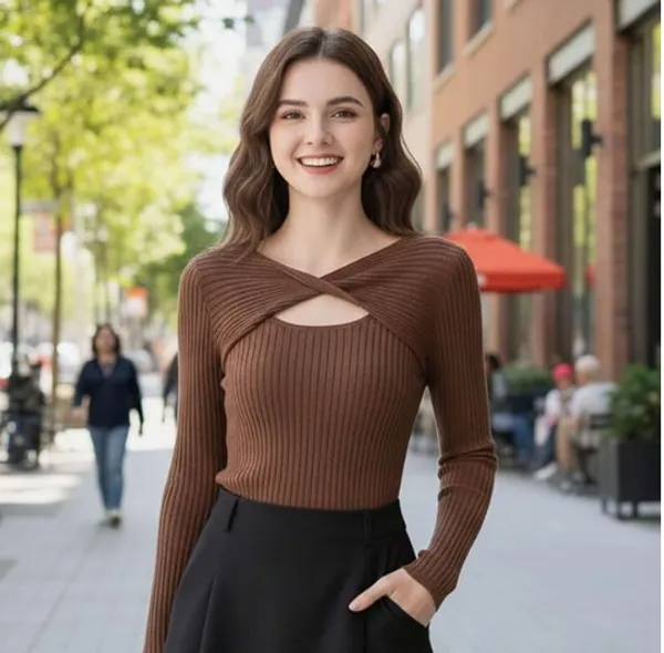 Brown_Lycra_Cut_Out_Plain_Full_Sleeve_Top_Stretchable_Slim_Fit_Bodycon_Western_Casual_Top_For_Women