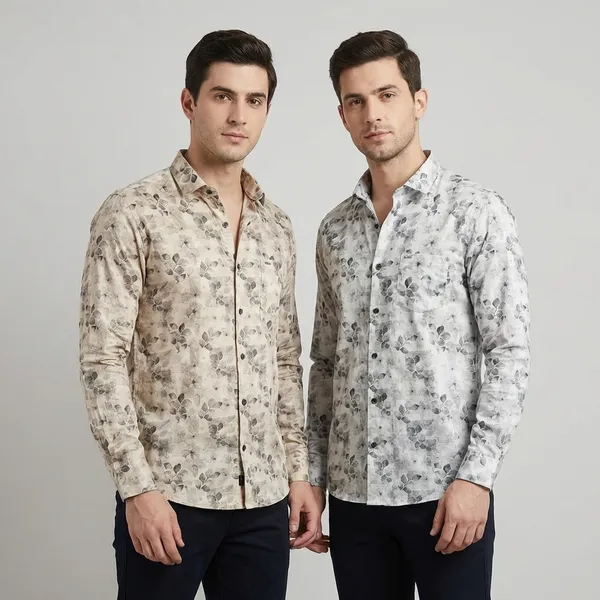 Kraze_Men'S_Floral_Print_Casual_Shirts_-_Set_Of_2_(Beige_&_Off_White)