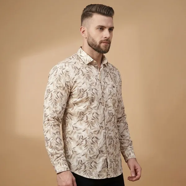 Kraze_Premium_Series_Men'S_Casual_Shirt_-_Beige_With_Brown_Leaf_Print