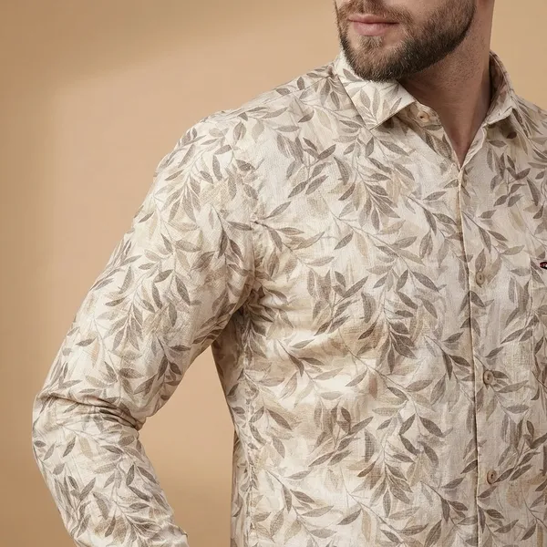 Kraze_Premium_Series_Men'S_Casual_Shirt_-_Beige_With_Brown_Leaf_Print