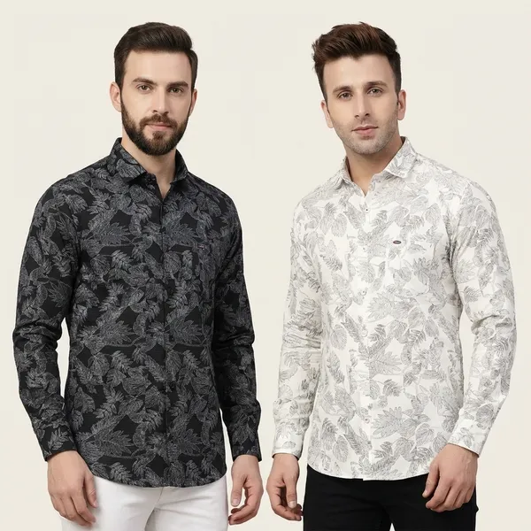 Kraze_Men'S_Casual_Printed_Full_Sleeve_Shirt_-_Pack_Of_2_(Black_&_Cream_Leaf_Print)