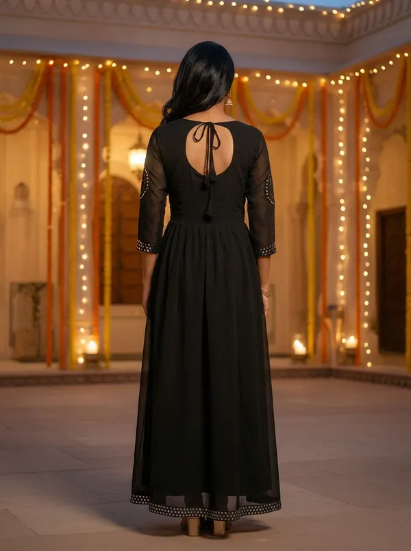 Black_Georgette_Mirror_Work_Ethnic_Round_Neck_3/4_Sleeve_With_Flared_&_Intricate_Embellishment_Anarkali_Gown_For_Women
