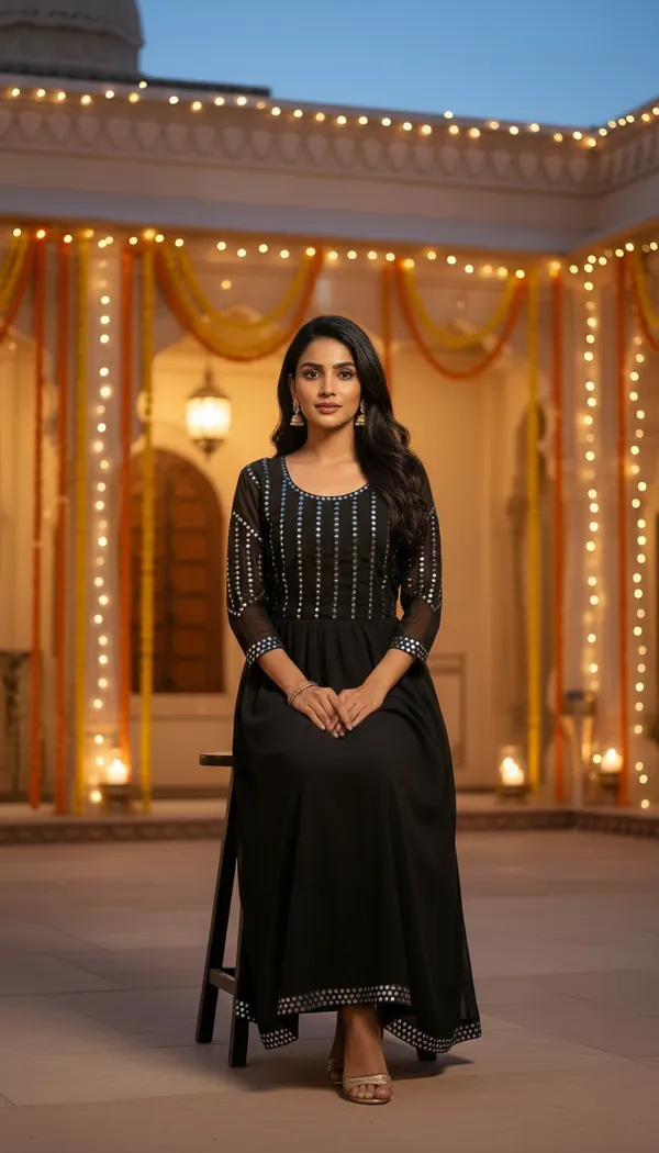 Black_Georgette_Mirror_Work_Ethnic_Round_Neck_3/4_Sleeve_With_Flared_&_Intricate_Embellishment_Anarkali_Gown_For_Women