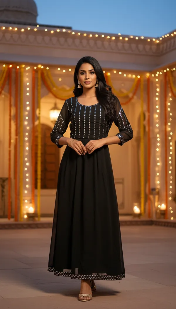Black_Georgette_Mirror_Work_Ethnic_Round_Neck_3/4_Sleeve_With_Flared_&_Intricate_Embellishment_Anarkali_Gown_For_Women