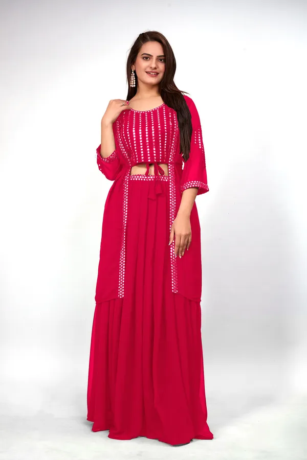 Gajari_Georgette_Embroidery_Work_Lehenga_Choli_With_Shrug_For_Women