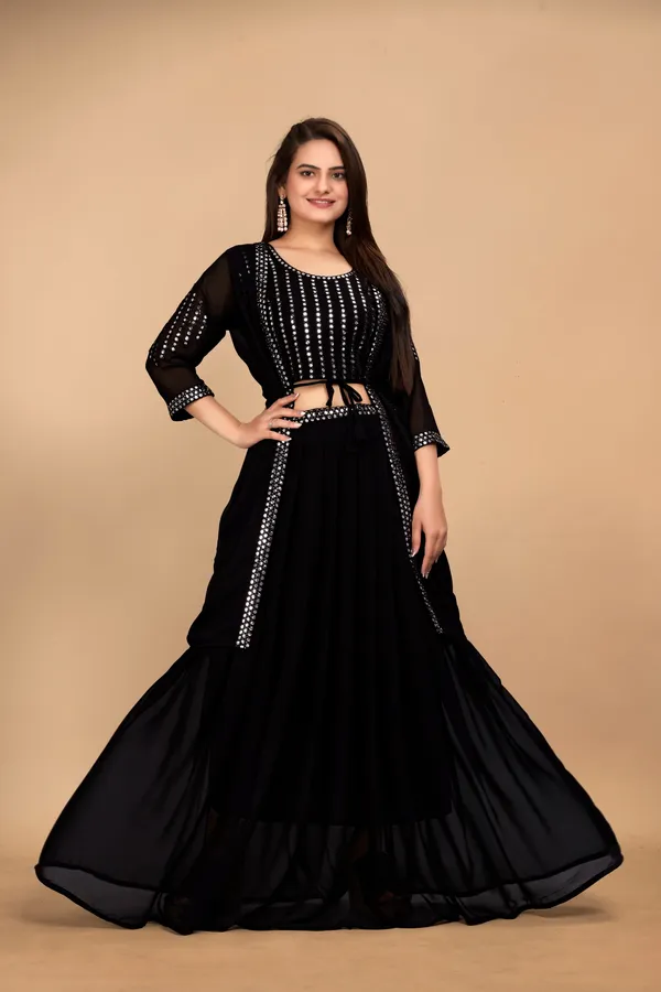 Black_Georgette_Embroidery_Work_Lehenga_Choli_With_Shrug_For_Women