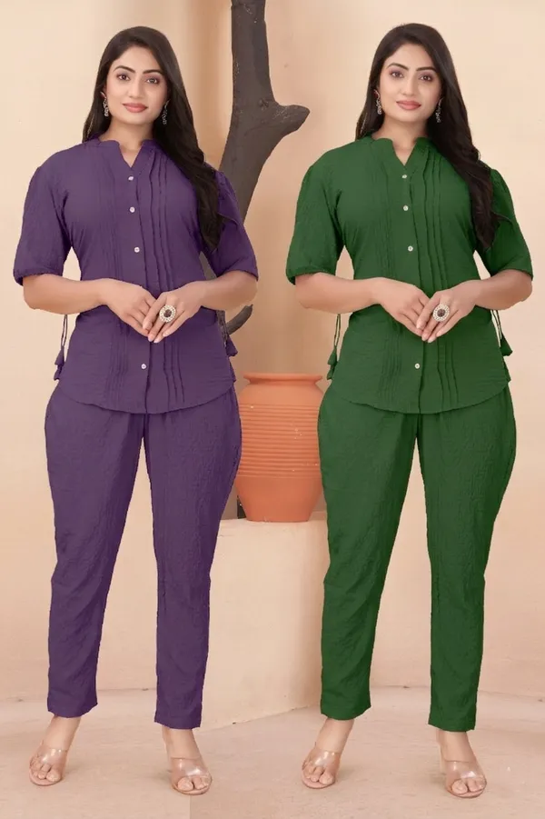 Purple_and_Green_Textured_Fabric_Pintuck_Half_Sleeve_Top_&_Straight_Casual_Co-Ord_Set_For_Women__(Pack_of_2)