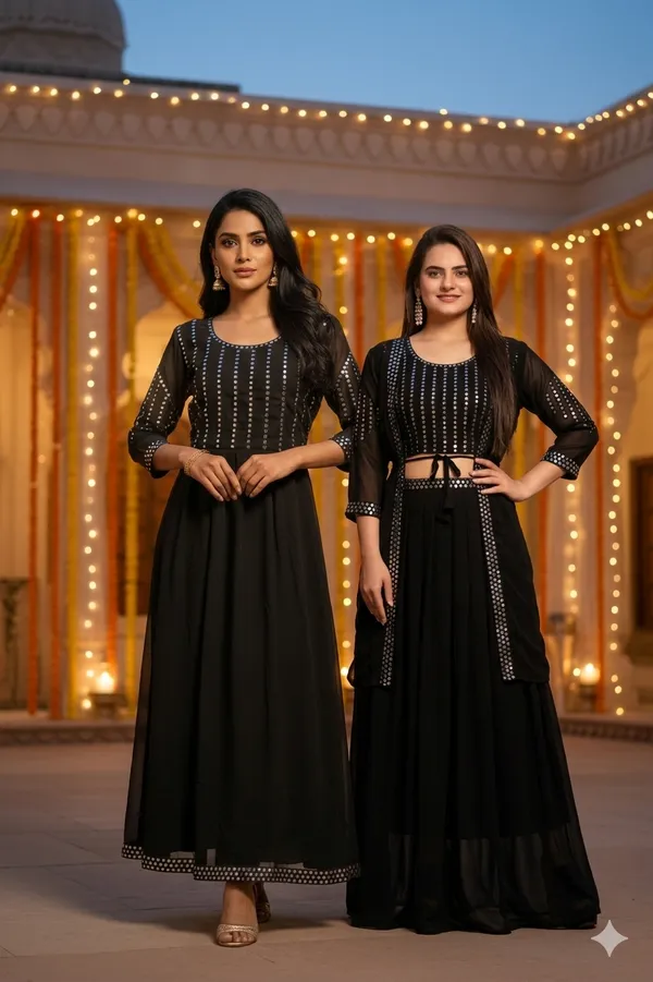 Black_Georgette_Embroidery_Work_Lehenga_Choli_With_Shrug_and__Georgette_Mirror_Work_Ethnic_Round_Neck_3/4_Sleeve__Anarkali_Gown_For_Women_(Pack_of_2)