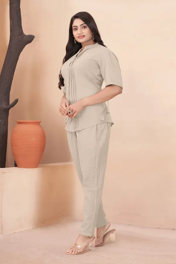 Cream_Textured_Fabric_Pintuck_Half_Sleeve_Top_&_Straight_Casual_Co-Ord_Set_For_Women