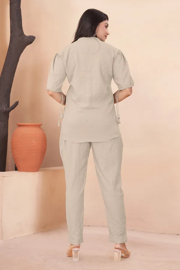Cream_Textured_Fabric_Pintuck_Half_Sleeve_Top_&_Straight_Casual_Co-Ord_Set_For_Women