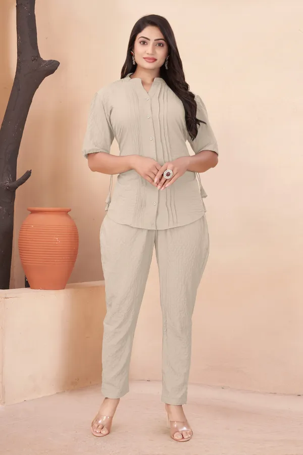 Cream_Textured_Fabric_Pintuck_Half_Sleeve_Top_&_Straight_Casual_Co-Ord_Set_For_Women