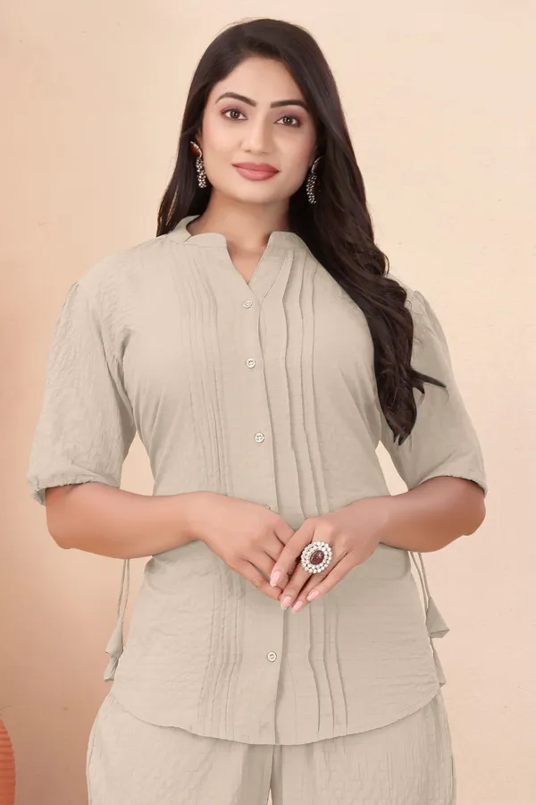 Cream_Textured_Fabric_Pintuck_Half_Sleeve_Top_&_Straight_Casual_Co-Ord_Set_For_Women