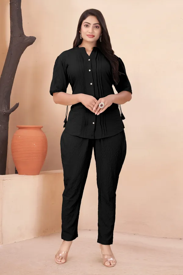 Sky_Blue_and_Black_Textured_Fabric_Pintuck_Half_Sleeve_Top_&_Straight_Casual_Co-Ord_Set_For_Women_(Pack_of_2)