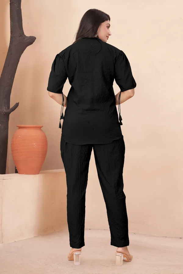 Sky_Blue_and_Black_Textured_Fabric_Pintuck_Half_Sleeve_Top_&_Straight_Casual_Co-Ord_Set_For_Women_(Pack_of_2)