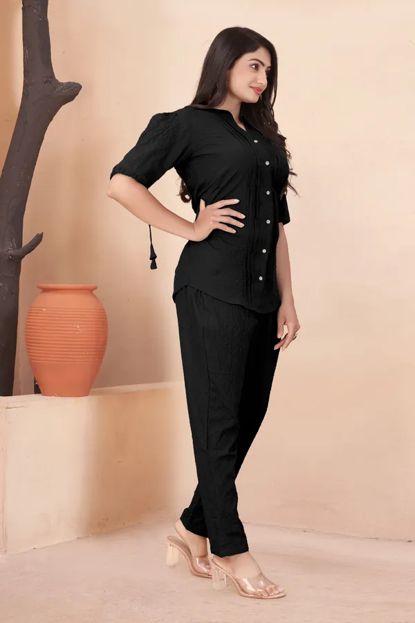 Sky_Blue_and_Black_Textured_Fabric_Pintuck_Half_Sleeve_Top_&_Straight_Casual_Co-Ord_Set_For_Women_(Pack_of_2)