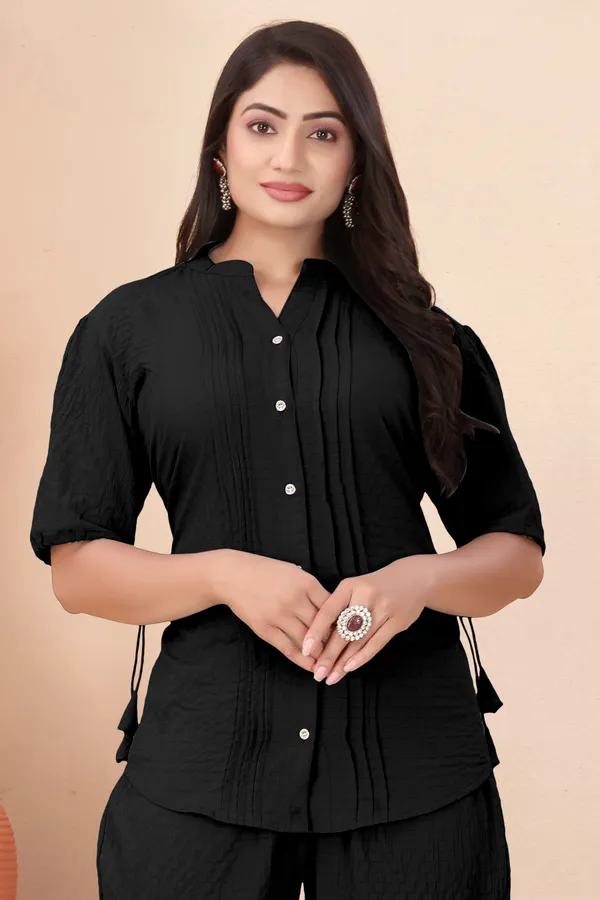Sky_Blue_and_Black_Textured_Fabric_Pintuck_Half_Sleeve_Top_&_Straight_Casual_Co-Ord_Set_For_Women_(Pack_of_2)