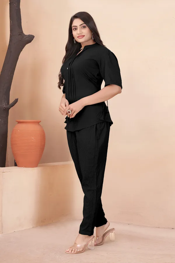 Sky_Blue_and_Black_Textured_Fabric_Pintuck_Half_Sleeve_Top_&_Straight_Casual_Co-Ord_Set_For_Women_(Pack_of_2)