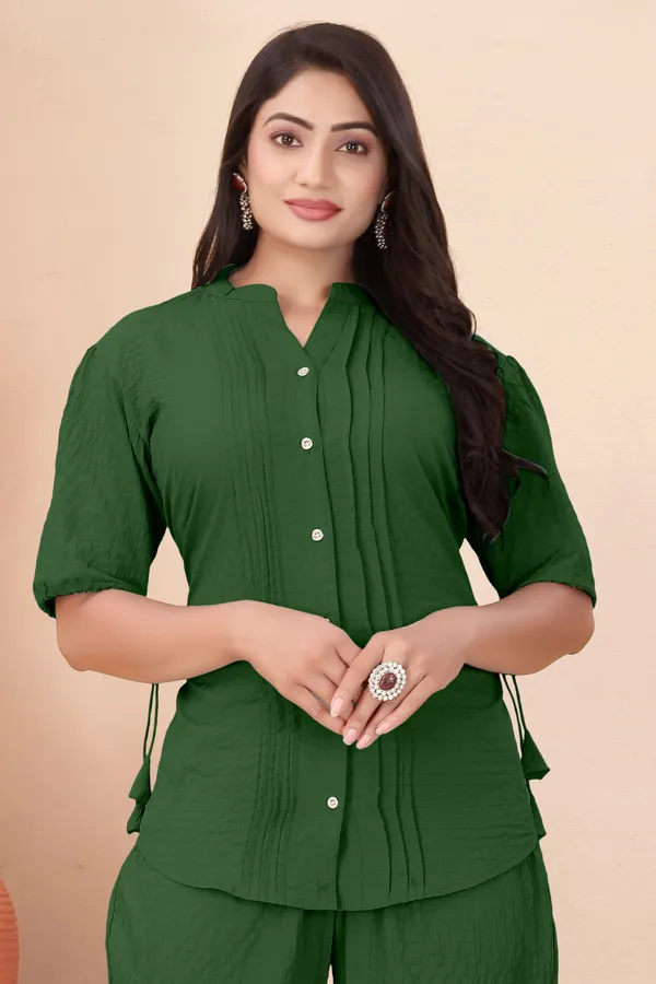 Green_Textured_Fabric_Pintuck_Half_Sleeve_Top_&_Straight_Casual_Co-Ord_Set_For_Women