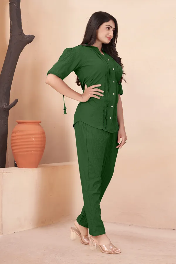 Green_Textured_Fabric_Pintuck_Half_Sleeve_Top_&_Straight_Casual_Co-Ord_Set_For_Women
