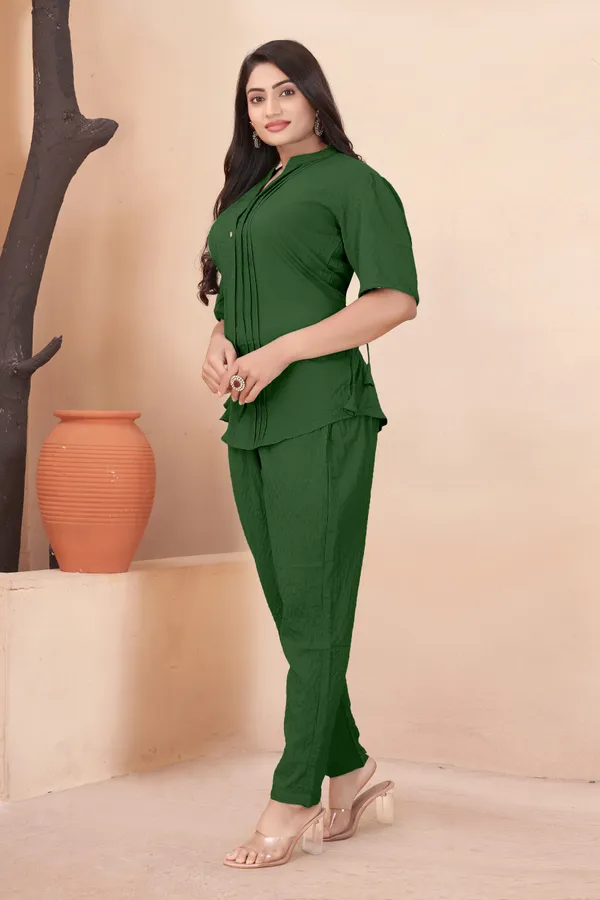 Green_Textured_Fabric_Pintuck_Half_Sleeve_Top_&_Straight_Casual_Co-Ord_Set_For_Women