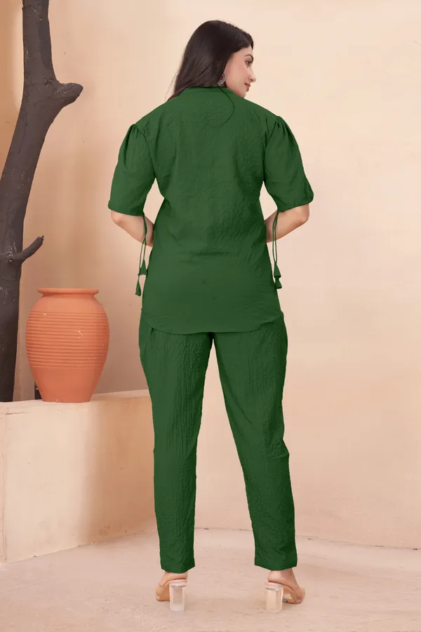 Green_Textured_Fabric_Pintuck_Half_Sleeve_Top_&_Straight_Casual_Co-Ord_Set_For_Women