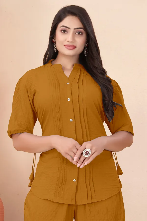 Khaki_Textured_Fabric_Pintuck_Half_Sleeve_Top_&_Straight_Casual_Co-Ord_Set_For_Women