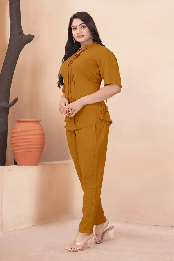 Khaki_and_Purple_Textured_Fabric_Pintuck_Half_Sleeve_Top_&_Straight_Casual_Co-Ord_Set_and_Lehenga_Choli_With_Shrug_For_Women_(Pack_of_2)