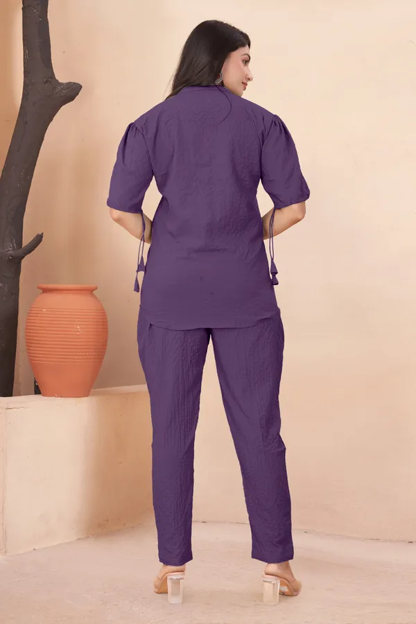 Purple_Textured_Fabric_Pintuck_Half_Sleeve_Top_&_Straight_Casual_Co-Ord_Set_For_Women