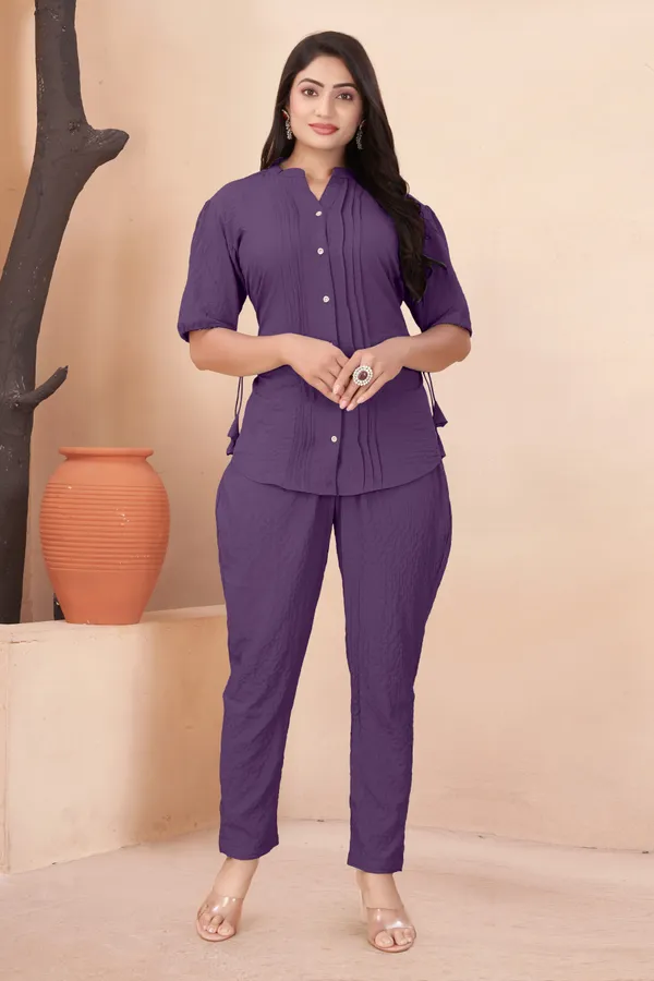 Purple_Textured_Fabric_Pintuck_Half_Sleeve_Top_&_Straight_Casual_Co-Ord_Set_For_Women
