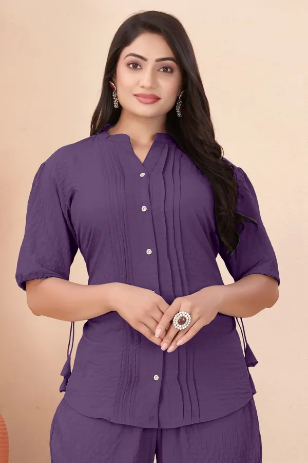 Purple_Textured_Fabric_Pintuck_Half_Sleeve_Top_&_Straight_Casual_Co-Ord_Set_For_Women
