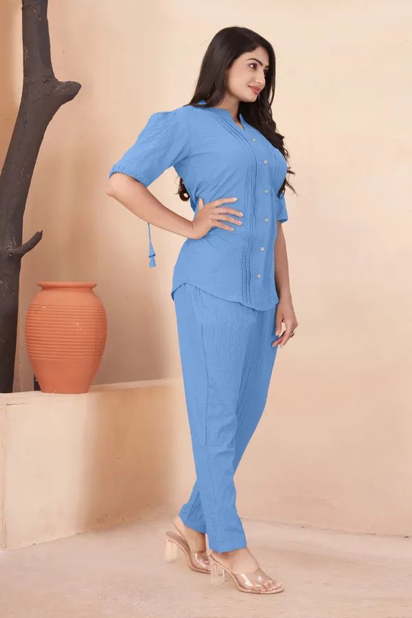 Sky_Blue_and_Black_Textured_Fabric_Pintuck_Half_Sleeve_Top_&_Straight_Casual_Co-Ord_Set_For_Women_(Pack_of_2)