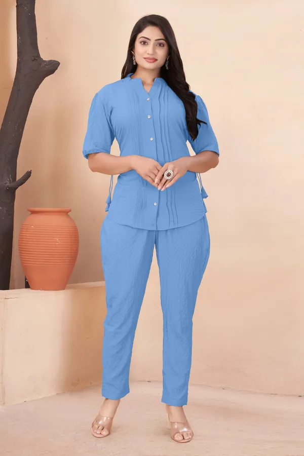 Sky_Blue_and_Black_Textured_Fabric_Pintuck_Half_Sleeve_Top_&_Straight_Casual_Co-Ord_Set_For_Women_(Pack_of_2)