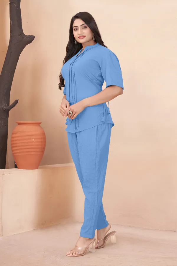 Sky_Blue_and_Black_Textured_Fabric_Pintuck_Half_Sleeve_Top_&_Straight_Casual_Co-Ord_Set_For_Women_(Pack_of_2)