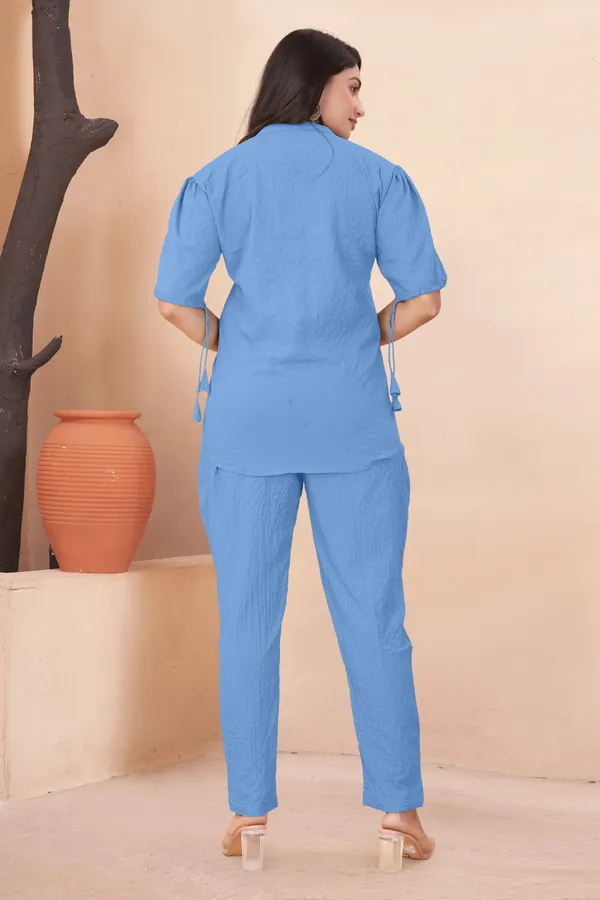Sky_Blue_and_Black_Textured_Fabric_Pintuck_Half_Sleeve_Top_&_Straight_Casual_Co-Ord_Set_For_Women_(Pack_of_2)