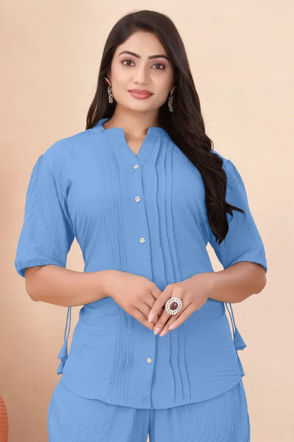 Sky_Blue_Textured_Fabric_Pintuck_Half_Sleeve_Top_&_Straight_Casual_Co-Ord_Set_For_Women