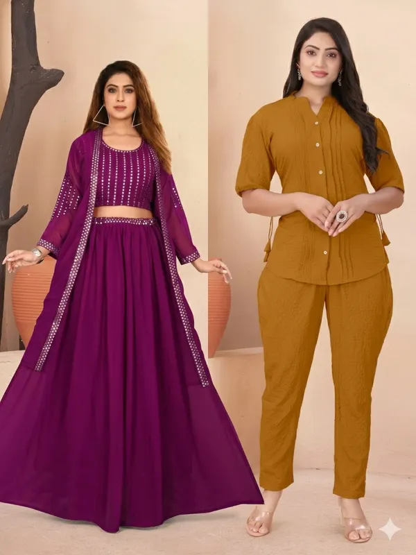 Khaki_and_Purple_Textured_Fabric_Pintuck_Half_Sleeve_Top_&_Straight_Casual_Co-Ord_Set_and_Lehenga_Choli_With_Shrug_For_Women_(Pack_of_2)