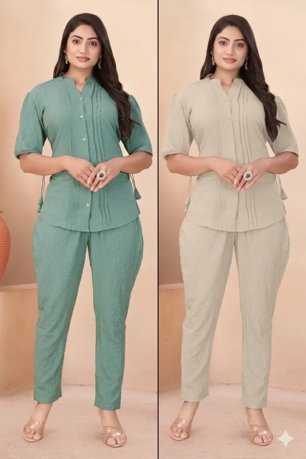 Cream_and_Pista_Textured_Fabric_Pintuck_Half_Sleeve_Top_&_Straight_Casual_Co-Ord_Set_For_Women_(Pack_of_2)