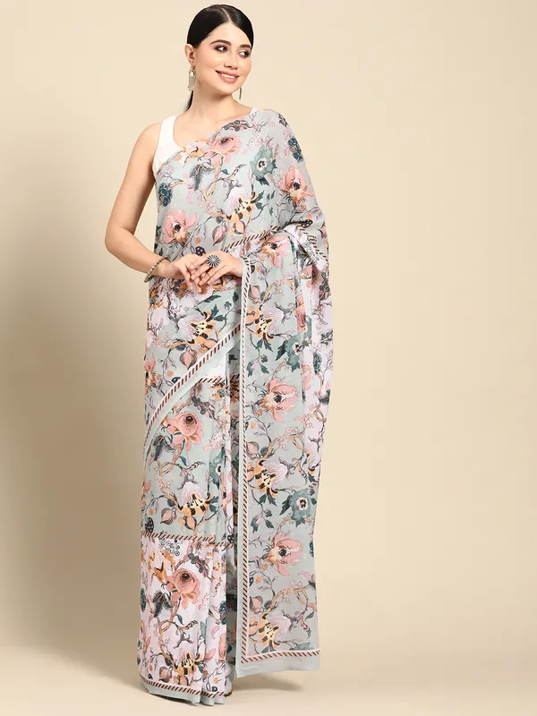 Sea_Green_Floral_Pure_Cotton_Saree_For_Women