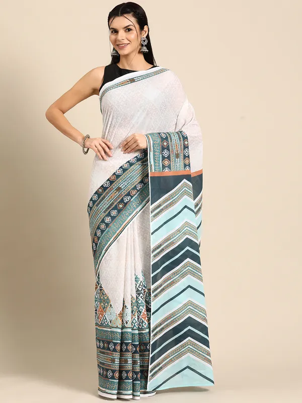 White_Printed_Pure_Cotton_Saree_For_Women