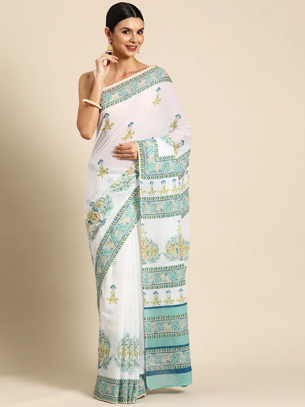 White_Floral_Pure_Cotton_Saree_For_Women