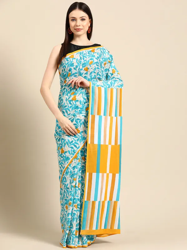 Blue_Floral_Printed_Pure_Cotton_Saree_For_Women