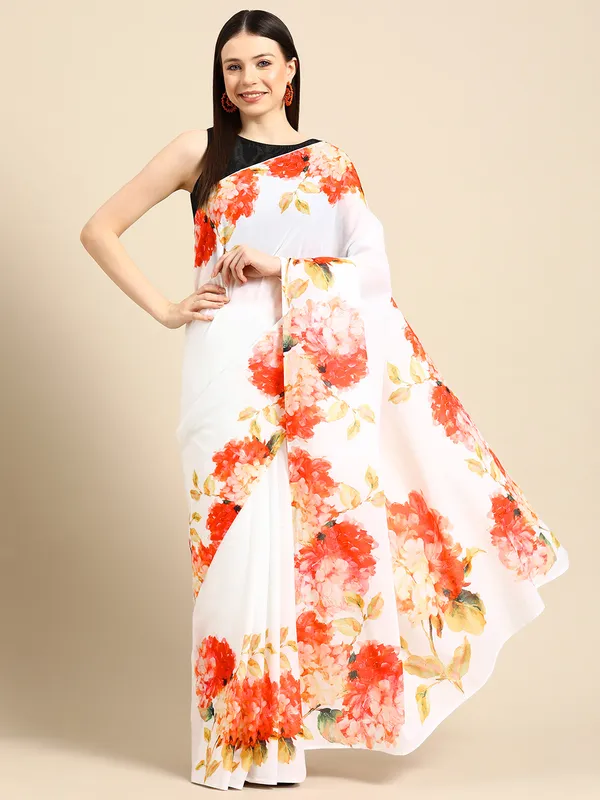 White_Floral_Printed_Pure_Cotton_Saree_For_Women