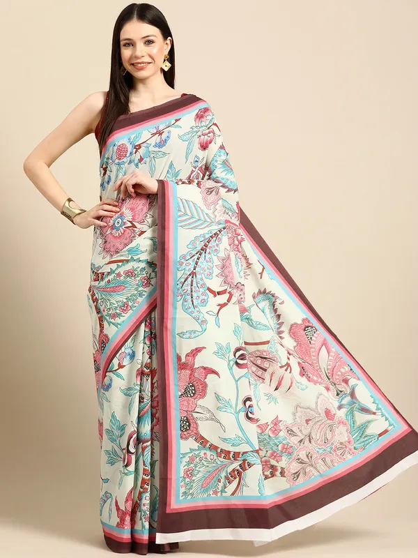 Cream_Floral_Printed_Pure_Cotton_Saree_For_Women