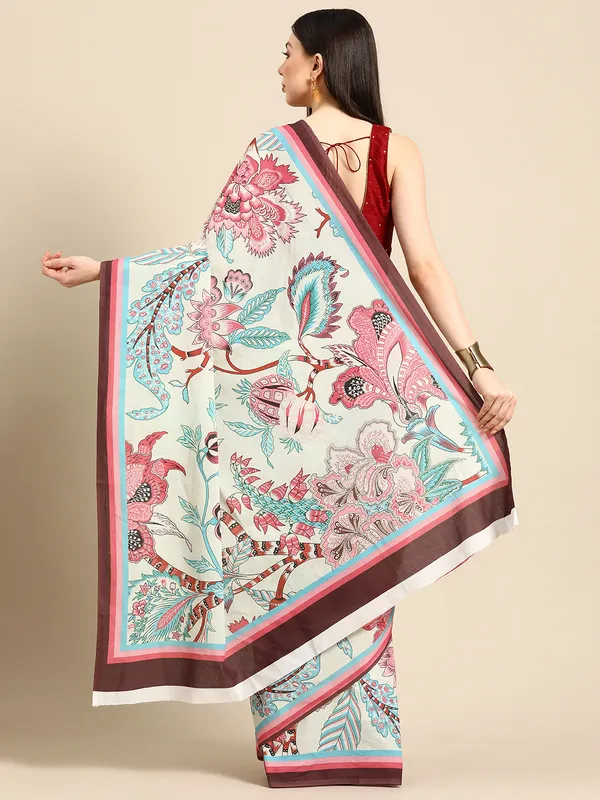 Cream_Floral_Printed_Pure_Cotton_Saree_For_Women